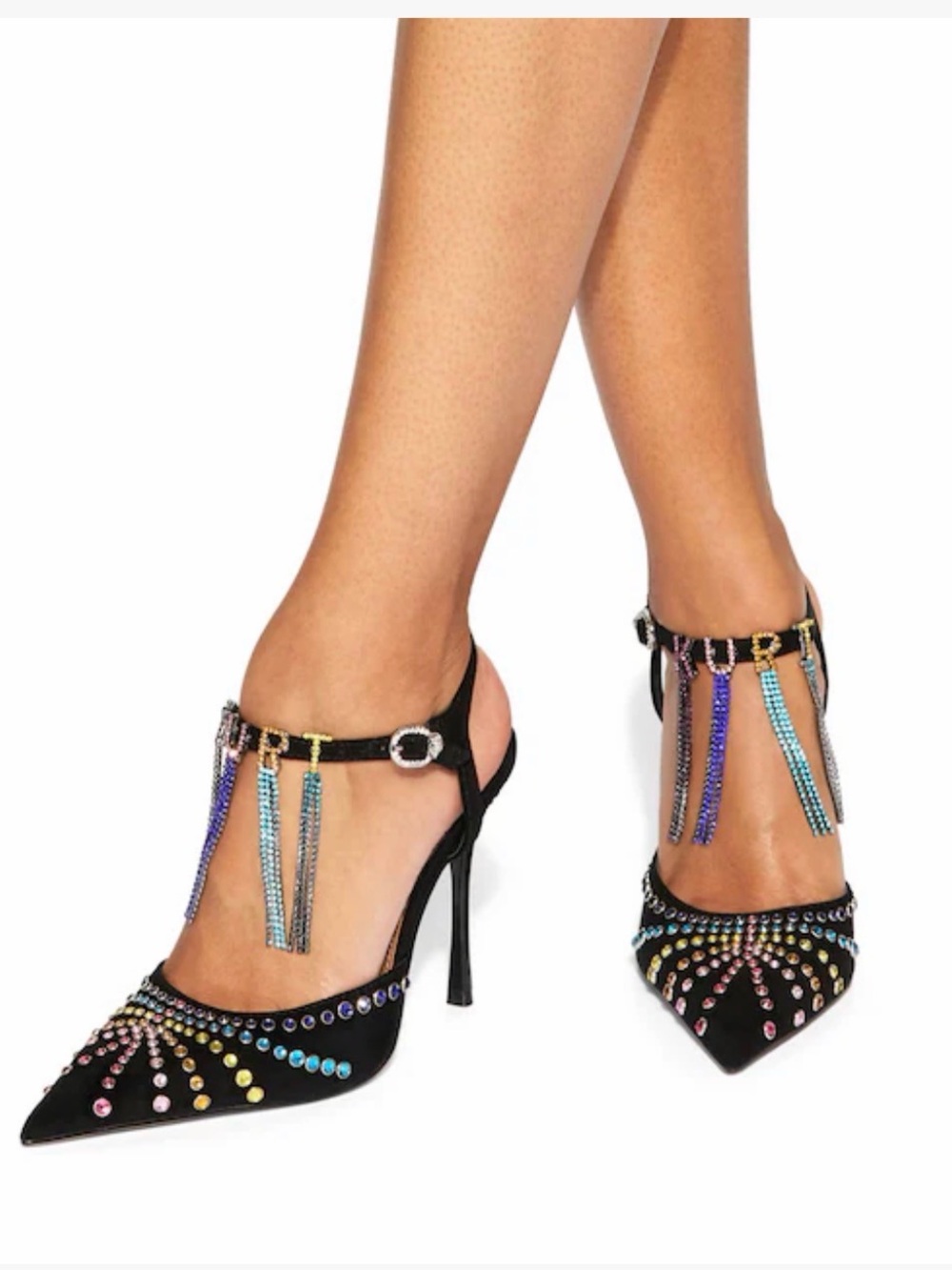 Kurt Geiger Leather under Black Crystal Fringe Pointed-Toe Heels